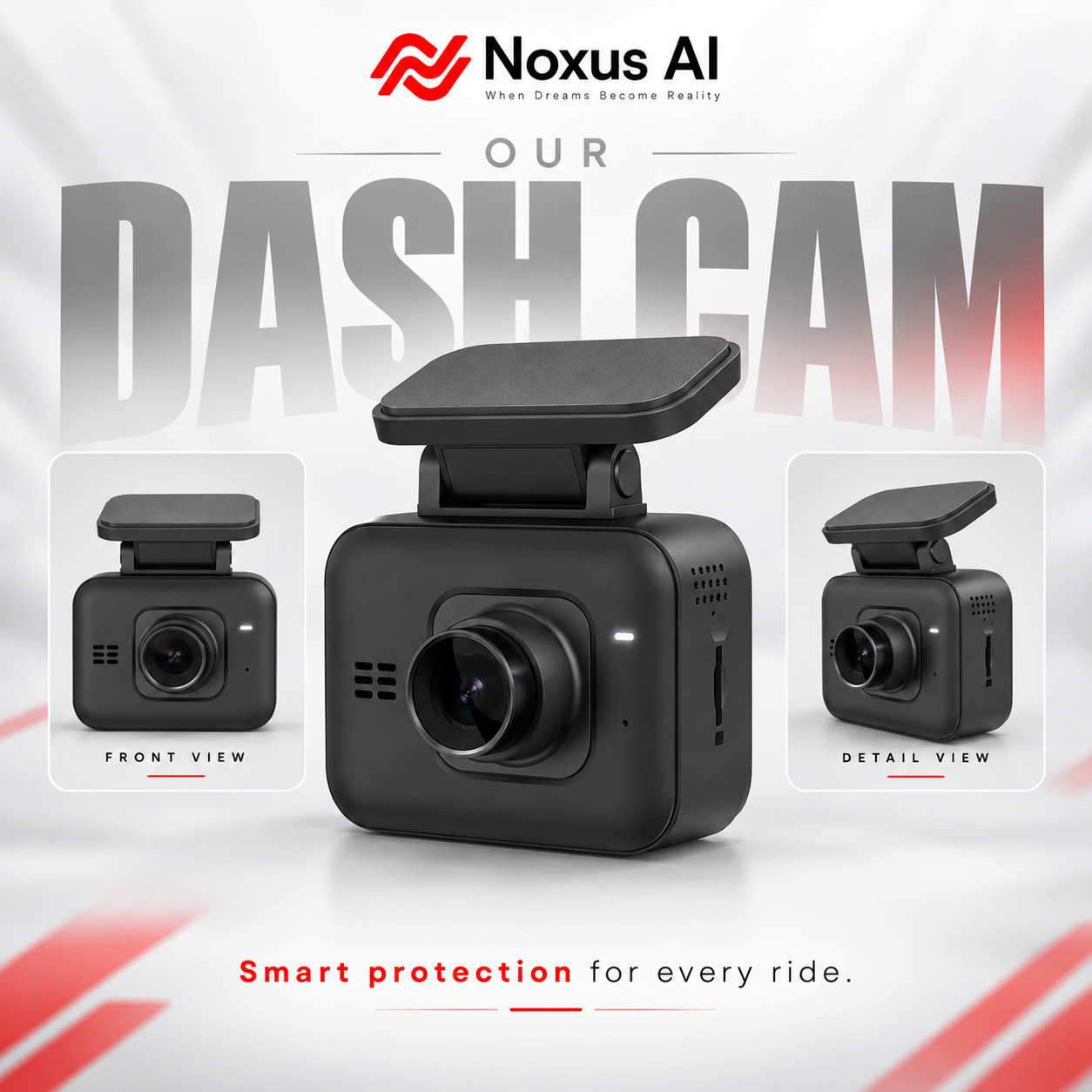 Noxus AI car dash camera with a compact rounded black body, central lens, white indicator and adjustable upper mounting plate
