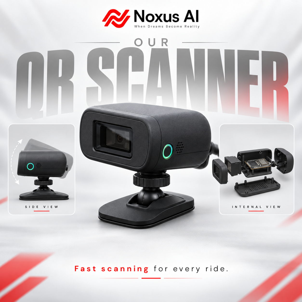 Noxus AI vehicle QR scanner with an adjustable dashboard base, illuminated status ring, side view and internal assembly