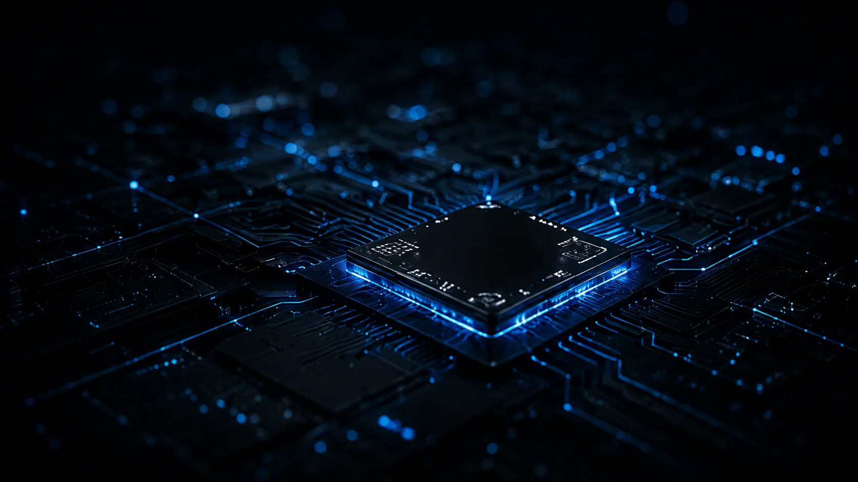 Dark circuit board and illuminated processor representing edge AI hardware.