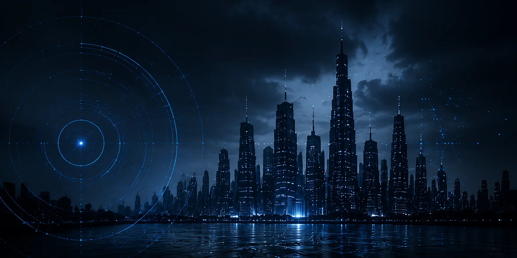 Futuristic dark city skyline with blue AI targeting interface for NOXUS AI.